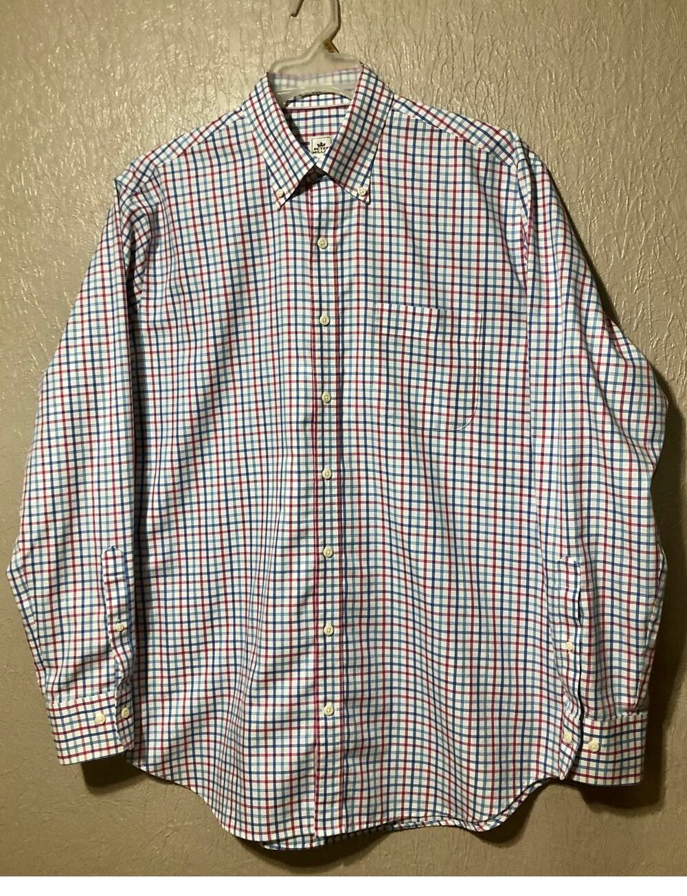 Peter Millar Nanoluxe Men Plaid Button Up Shirt Academia Preppy Blue Size Large
